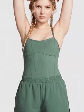PINK Victoria’s Secret Ultimate Runsie Sage Green Athletic Romper NWT Large